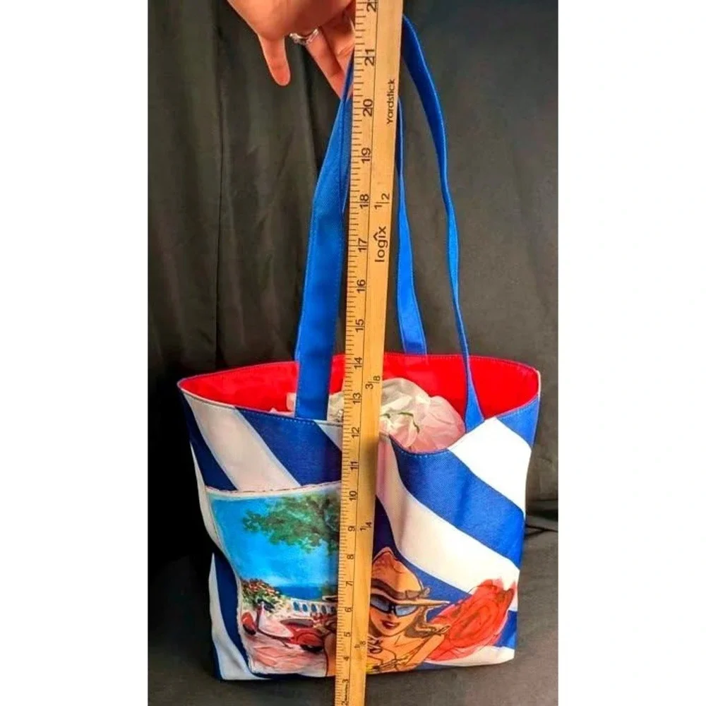NWOT Lancôme Paris Beach Tote Bag~Canvas Blue/White Striped Vespa Girl Vaca Chic